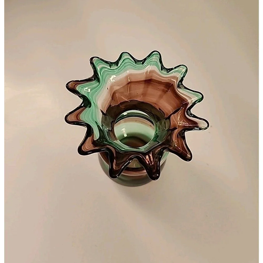 Vintage Art Glass Vase Green Brown Amethyst Swirl Ruffled